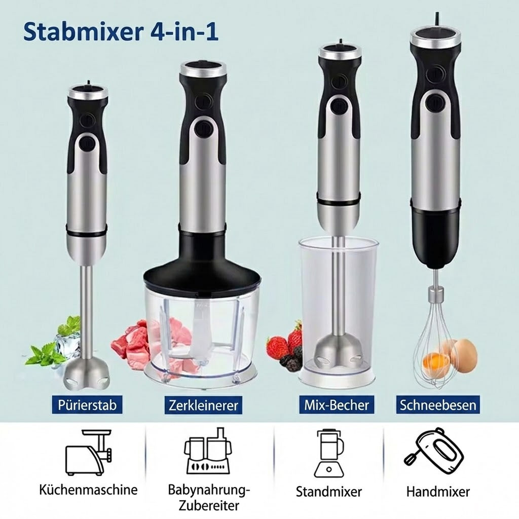 BlenixKi 4-in-1 Stabmixer Set mit 6 Geschwindigkeiten & Turbo