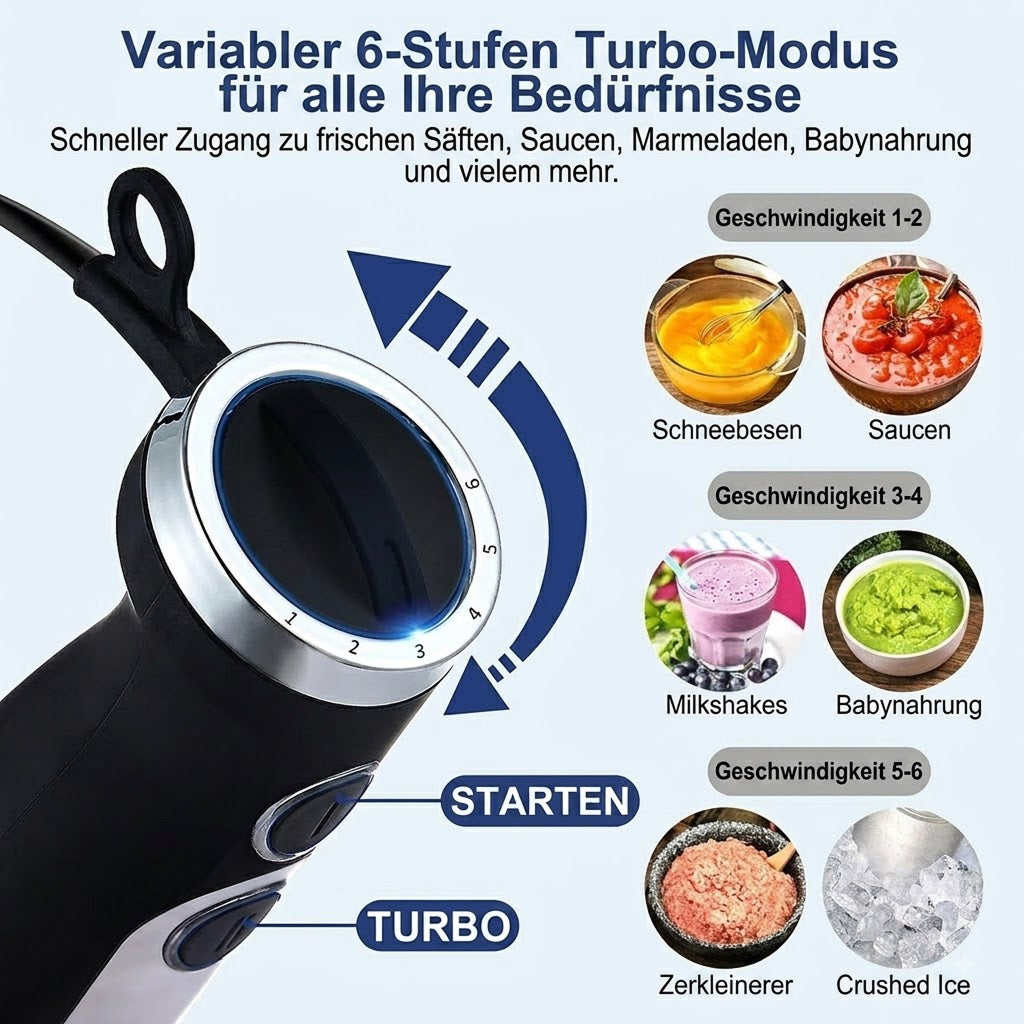 BlenixKi 4-in-1 Stabmixer Set mit 6 Geschwindigkeiten & Turbo