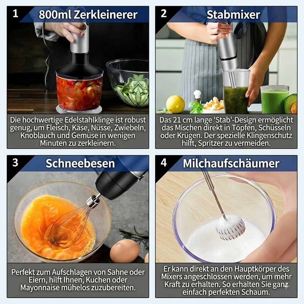 BlenixKi 4-in-1 Stabmixer Set mit 6 Geschwindigkeiten & Turbo