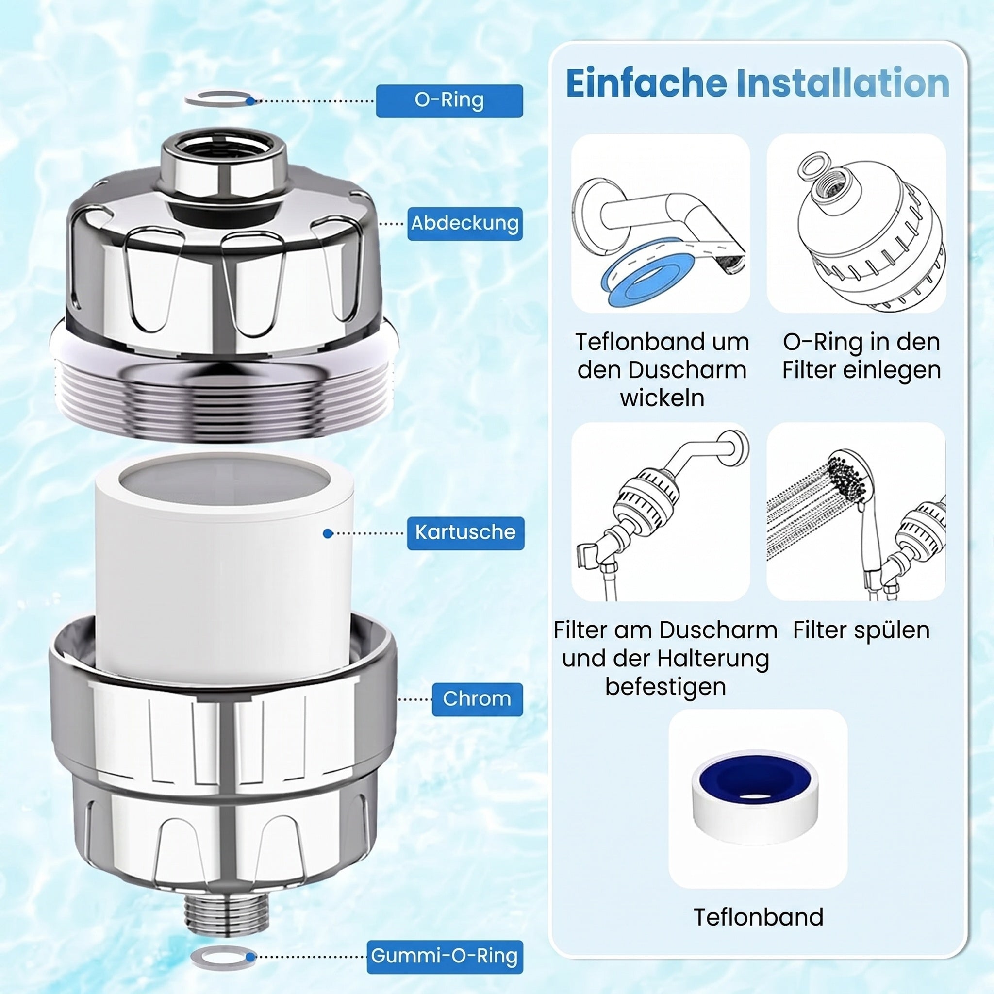 FilCleani 15-Stufen Duschfilter gegen Chlor und Kalk