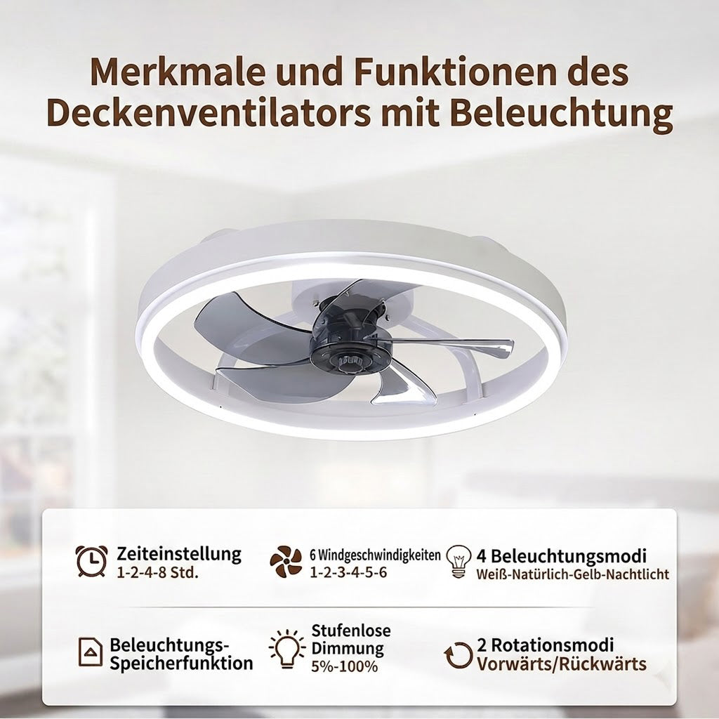 Deckenventilator Leise Fernbedienung - LED Licht Dimmbar 132cm - Wohnzimmer Schlafzimmer