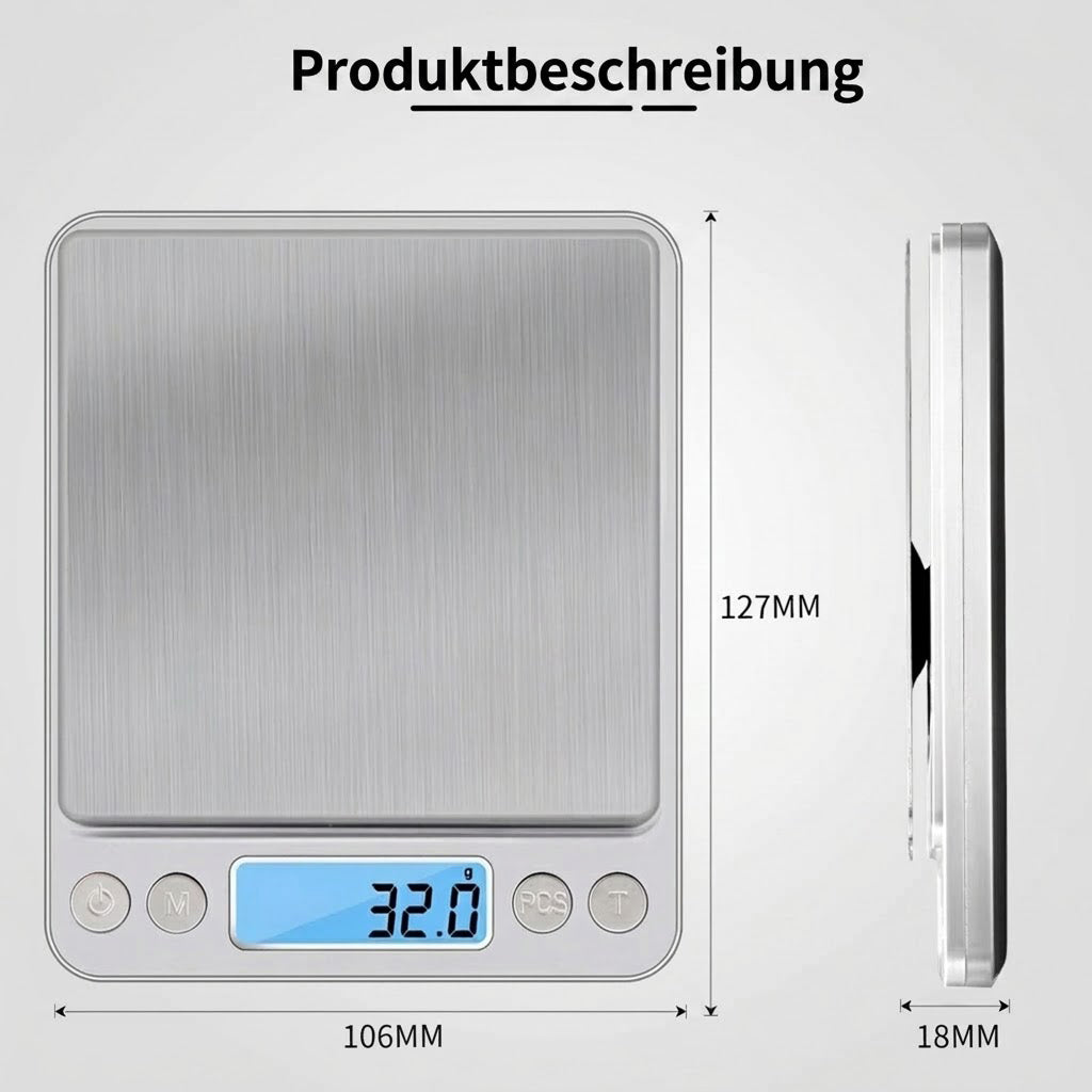 Scalevyx Präzisions-Küchenwaage 0,1g bis 3kg